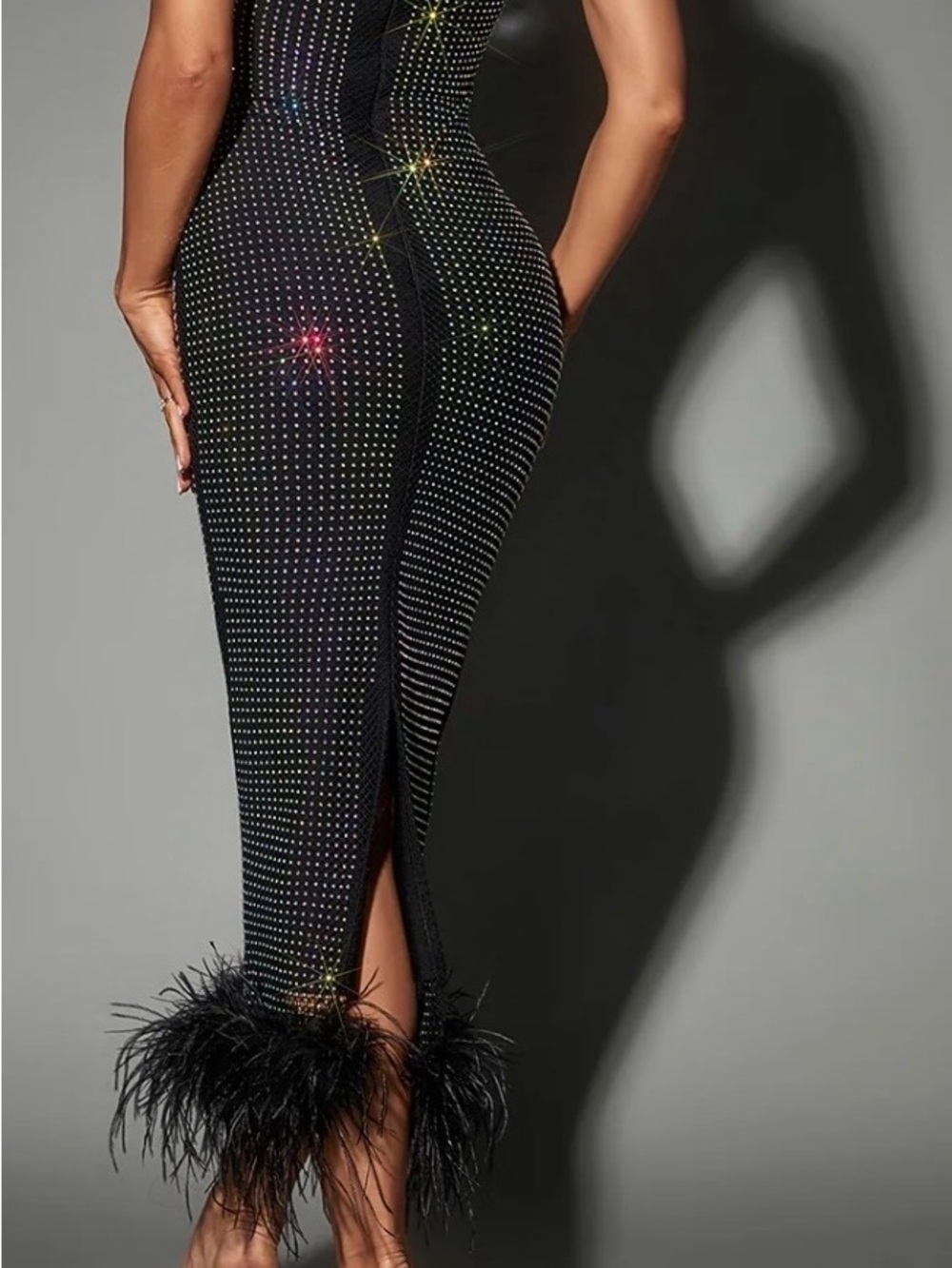 One-Shoulder Black Rhinestone Bodycon Dress - Picture 2 of 7
